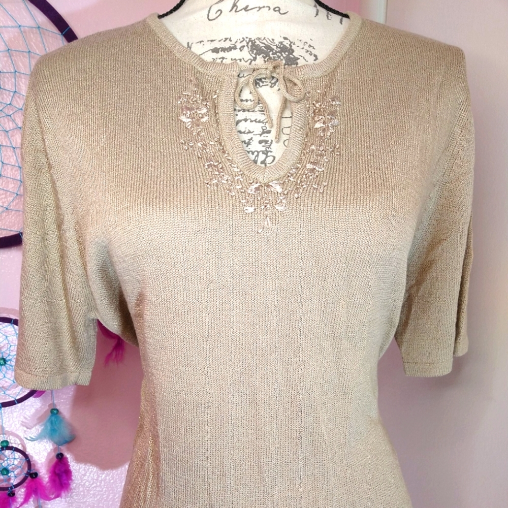 Vintage 90's Sag Harbor tan Knit embroidered blouse size L